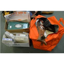 Lot of Three Items : Orange Duffle Bag & Two Boxes : Tackle Box, Fishing Access, Fish Board, etc.