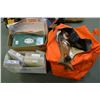 Image 1 : Lot of Three Items : Orange Duffle Bag & Two Boxes : Tackle Box, Fishing Access, Fish Board, etc.