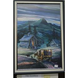 Framed watercolour of a homestead signed by artist Alfoldy 32" x 22"