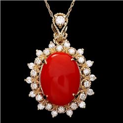 14k Gold 4.70ct Coral 0.80ct Diamond Pendant