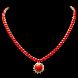 14k Gold 39ct Coral 0.80ct Diamond Necklace