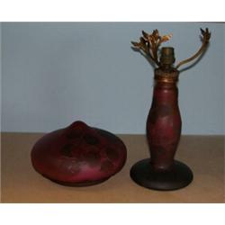A Rogez cameo glass lamp, the mushroom shaped shade and baluster column acid etched with blackber…