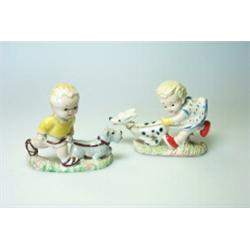 A pair of Wade Mabel Lucie Attwell dog walking children, 8cm high  …