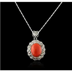 14KT White Gold 4.90ct Coral and Diamond Pendant With Chain