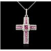 Image 1 : 18KT White Gold 1.30ctw Pink Sapphire and Diamond Cross Pendant With Chain