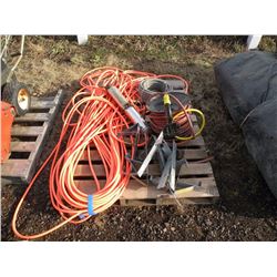 Pallet of roof jacks, air hose, hose reel, pressure washer hose & pump