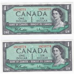 1954 Bank Of Canada $1 One Dollar Bank Notes - Modified - H/M Serial