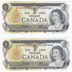 1973 Bank Of Canada $1 One Dollar Bank Notes - 2 Consecutive Serial Numbers - "ALM" Series