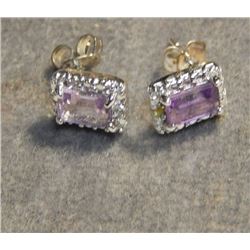EARINGS - NEW EMERALD CUT AMETHYST EARRINGS - SET WITH 2 DIAMONDS - STERLING SILVER SETTING.