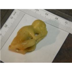 CARVED MONKEY WITH ORIENTAL WRITING CARVED IN  - CITRINE?