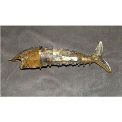 VINTAGE ARTICULATED FISH BOTTLE OPENER WITH ABALONE  - SOME ABALONE MISSING