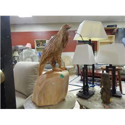 HAND CRAFTED WOOD CARVING OF AN EAGLE ON STAND - 33" TALL, 16" DIAMETER