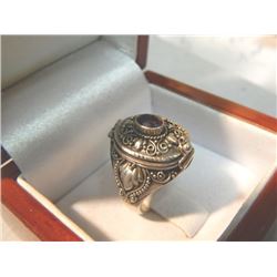 SILVER RING - EARLY VICTORION DESIGN WITH HIDDEN LOCKET ON TOP - AMETHYST CENTER STONE - STAMPED 925