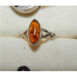 SILVER RING - MARQUIS CUT AMBER GLASS SOLITARE - STAMPED 925