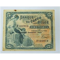 WORLD PAPER-BELGIAN CONGO, 1943 5 FRANC