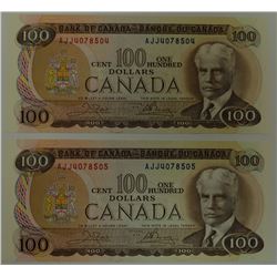 CANADA PAPER-1975 $100 AJJ CONSEC PAIR