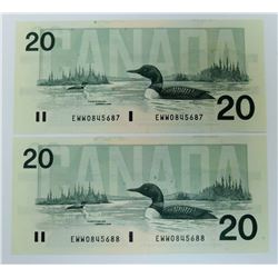 CANADA PAPER-1991 $20 EWW CONSEC PAIR