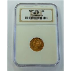 WORLD GOLD-DENMARK 10 KRONER 1909 NGC MS65