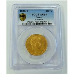 WORLD GOLD-FRANCE 40 FRANC 1830A PCGS AU58