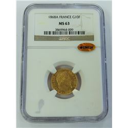 WORLD GOLD-FRANCE 1868A 10 FRANC NGC MS63