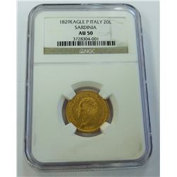 WORLD GOLD-ITALY 1829 20 LIRE NGC AU50