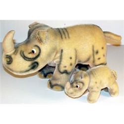 Pair of Steiff "Nosey" Mohair Rhinoceros, No tags or buttons, 7" x 11" & 4" x 6"…