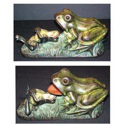 Cast Iron Mechanical Bank, Frogs, Original Paint, 4.25" tall x 8" wide, circa 1860…