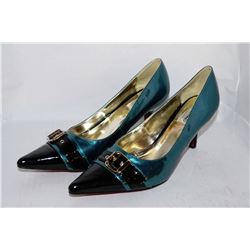 LADIES TURQUOISE/BLACK PATENT HIGH HEEL SIZE 8.5