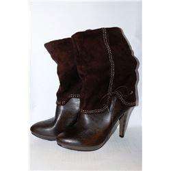 LADIES BROWN SUEDE & LEATHER STYLE HIGH HEEL BOOT