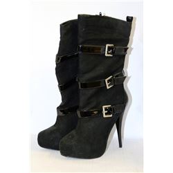 LADIES BLACK HIGH HEEL BOOTS WITH BUCKLE ACCENTS
