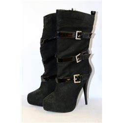LADIES BLACK HIGH HEEL BOOTS WITH BUCKLE ACCENTS
