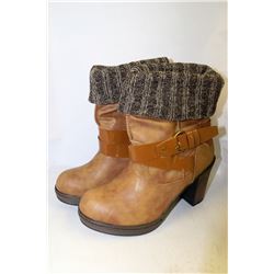 LADIES BROWN LEATHER STYLE ANKLE HIGH HEEL BOOTS