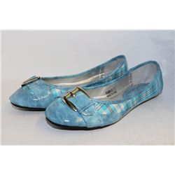 LADIES BLUE PLAID FLATS WITH BUCKLE ACCENT