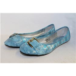 LADIES BLUE PLAID FLATS WITH BUCKLE ACCENT
