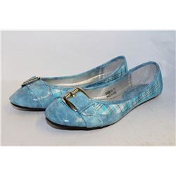 LADIES BLUE PLAID FLATS WITH BUCKLE ACCENT