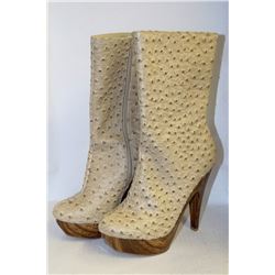 LADIES BEIGE & FAKE WOOD LOOK HIGH HEELS SIZE 7.5