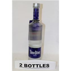 TWO 750ML BOTTLES OF THREE OLIVES VODKA 40%ALC.