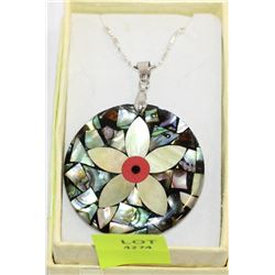 FLOWER INTARSIA 2" ABALONE SHELL PENDANT & CHAIN
