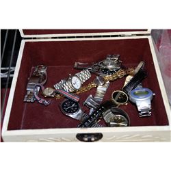 LARGE JEWELLERY BOX WITH COLLECTION OF WATCHES
