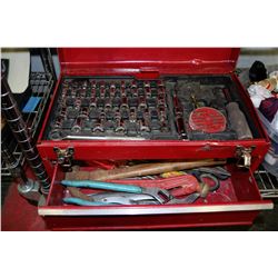 RED METAL TOOLBOX WITH CONTENTS