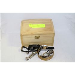 WOODEN JEWELLERY BOX WITH WOMENS WATCHES