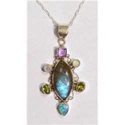 #33-STERLING SILVER LABRONITE & GEMSTONE PENDANT