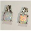 Image 2 : Sterling Silver Created Opal & Diamond Earrings