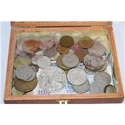 WOOD BOX W/ ESTATE COIN COLLECTION AND