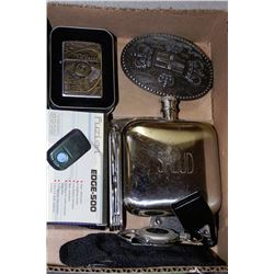 BOX W/HARLEY DAVIDSON ZIPPO, FLASK, SCALE,