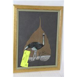 VINTAGE T EATON OSTRICH PAINTED ON LEAF PICTURE