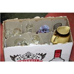 BOX OF ESTATE CUPS, VASES ETC..