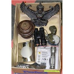 BOX W/METAL EAGLE, GRANITE STATUE,