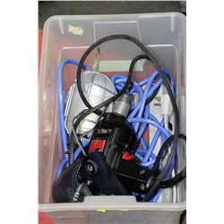 BOX OF TOOLS, CORDS AND BINOCULERS