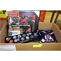 BOX W/OILER'S COLLECTABLES INCL. SCARF,